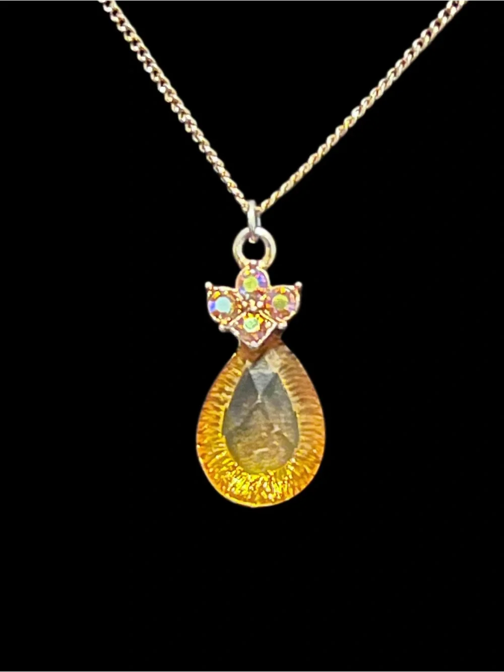 1928 Gold Amber & Rhinestone Teardrop Pendant